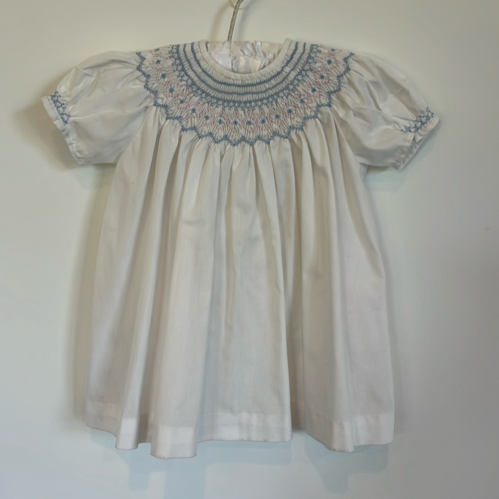 Vintage baby smocked dress white with baby blue and pink detail